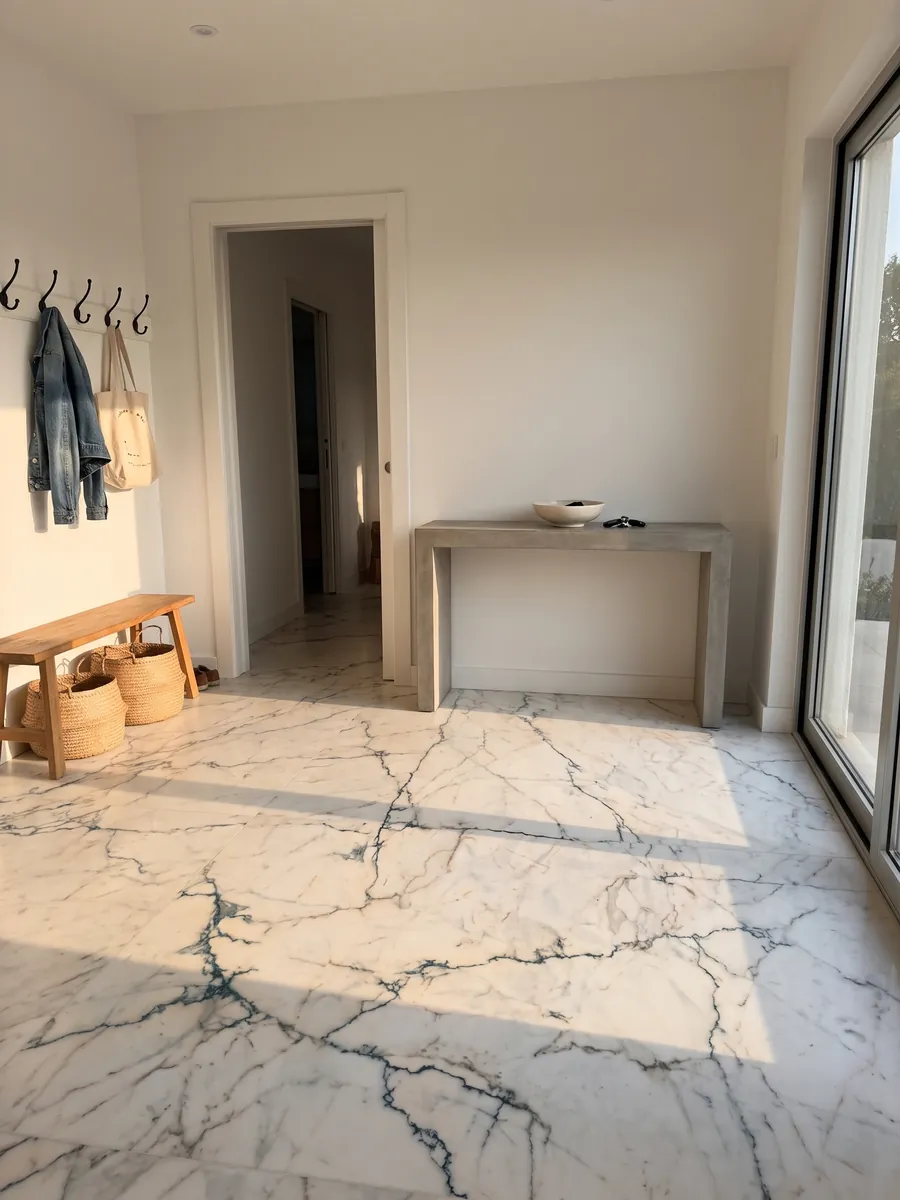 Entryway floor in large slabs of white Paonazzo marble with natural light: warm white with fine dark teal veins that look like cracks