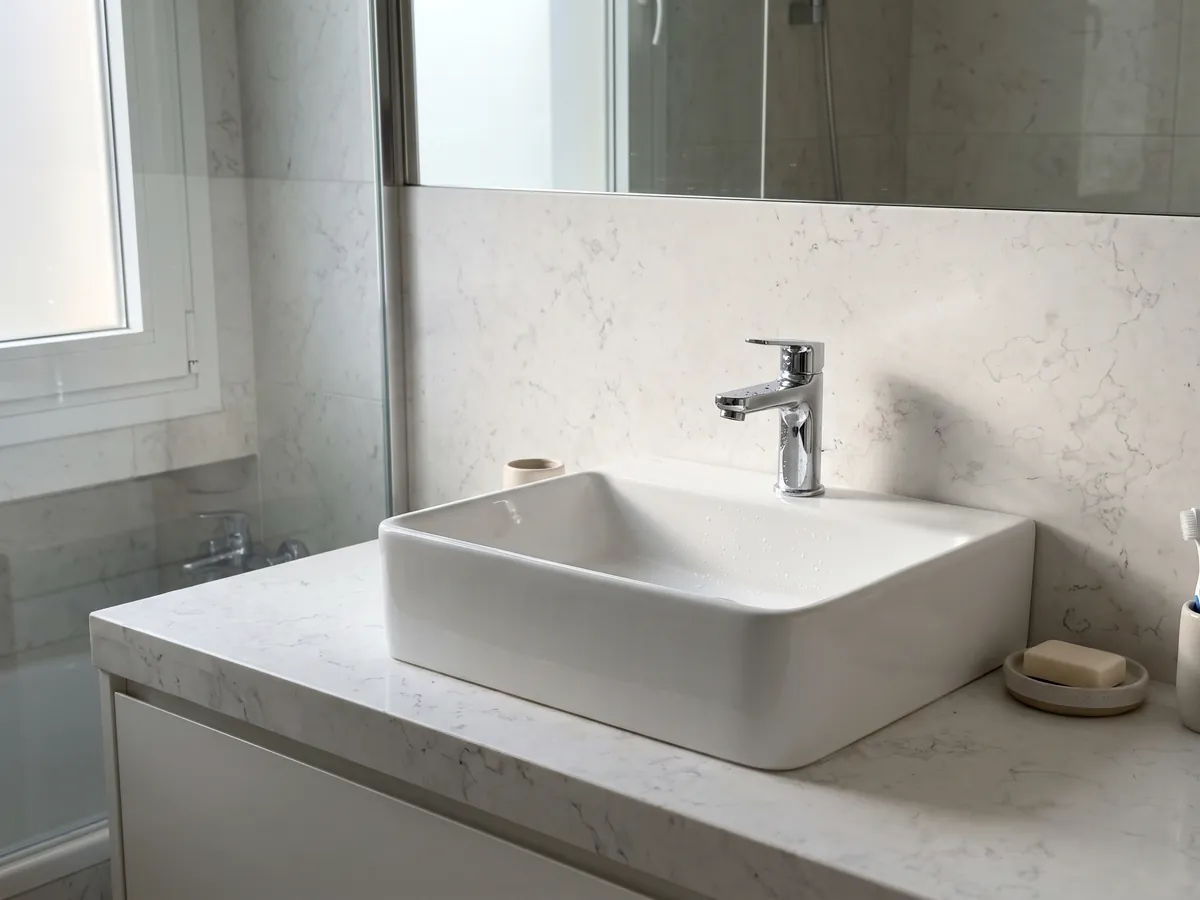 Vanity top and bathroom wall in Pearl White marble with a white sink and chrome faucets: nearly plain white with very faint gray lines