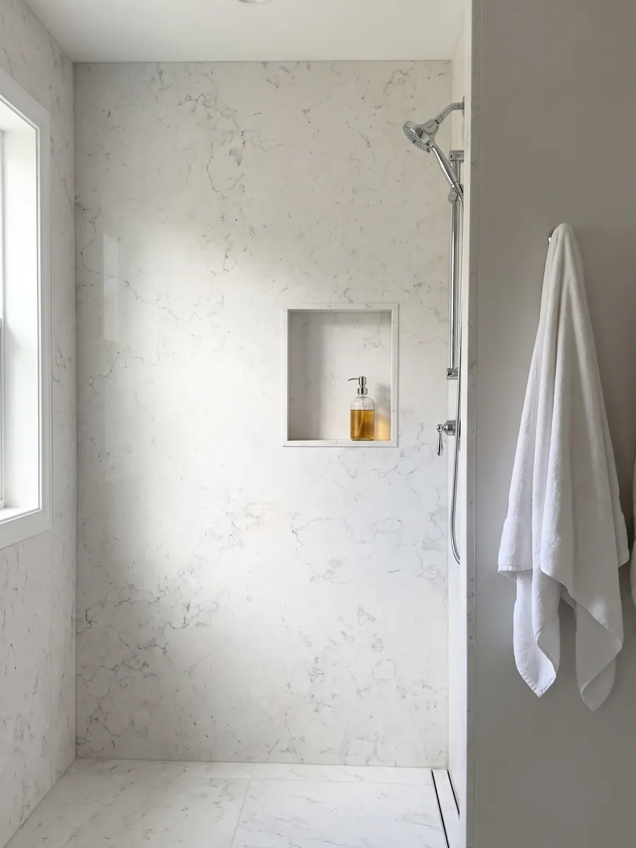 Shower clad in full Pearl White marble slabs with a recessed niche: nearly plain white with very faint gray lines