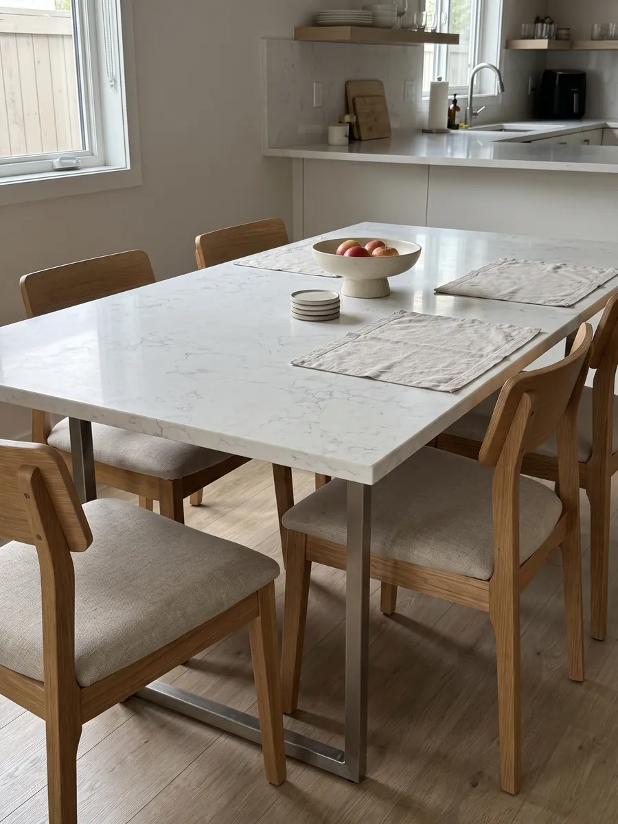 Dining table with a Pearl White marble top on a steel base: nearly plain white with very faint gray lines