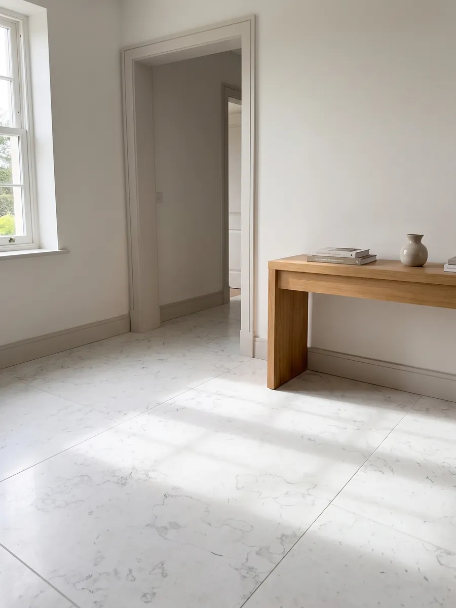 Entryway floor in large Pearl White marble slabs with natural light: nearly plain white with very faint gray lines