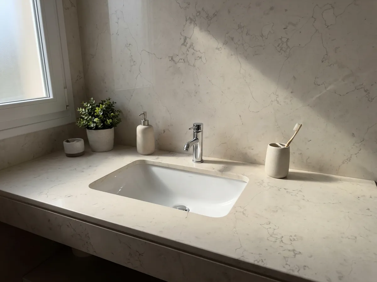 Vanity top and bathroom wall in Bianco Perlino marble with a white sink and chrome faucet: smooth ivory with scattered very fine thread-like gray veins