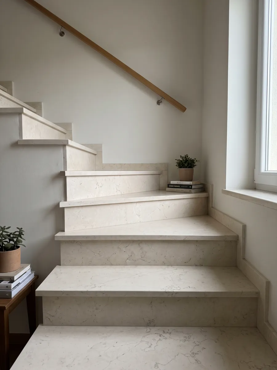 Interior staircase with Bianco Perlino marble treads and a handrail: smooth ivory with scattered very fine thread-like gray veins