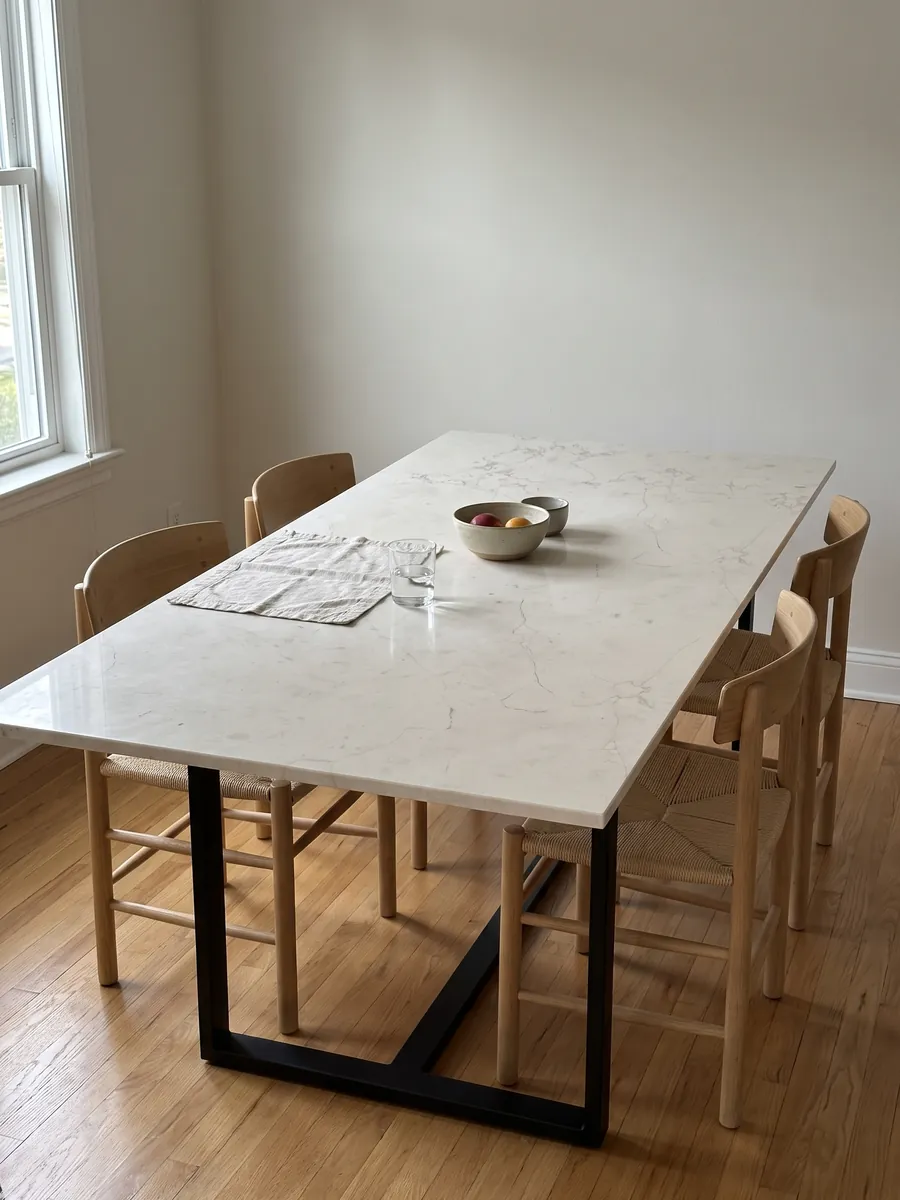 Dining table with a Bianco Perlino marble top on a steel base: smooth ivory with scattered very fine thread-like gray veins