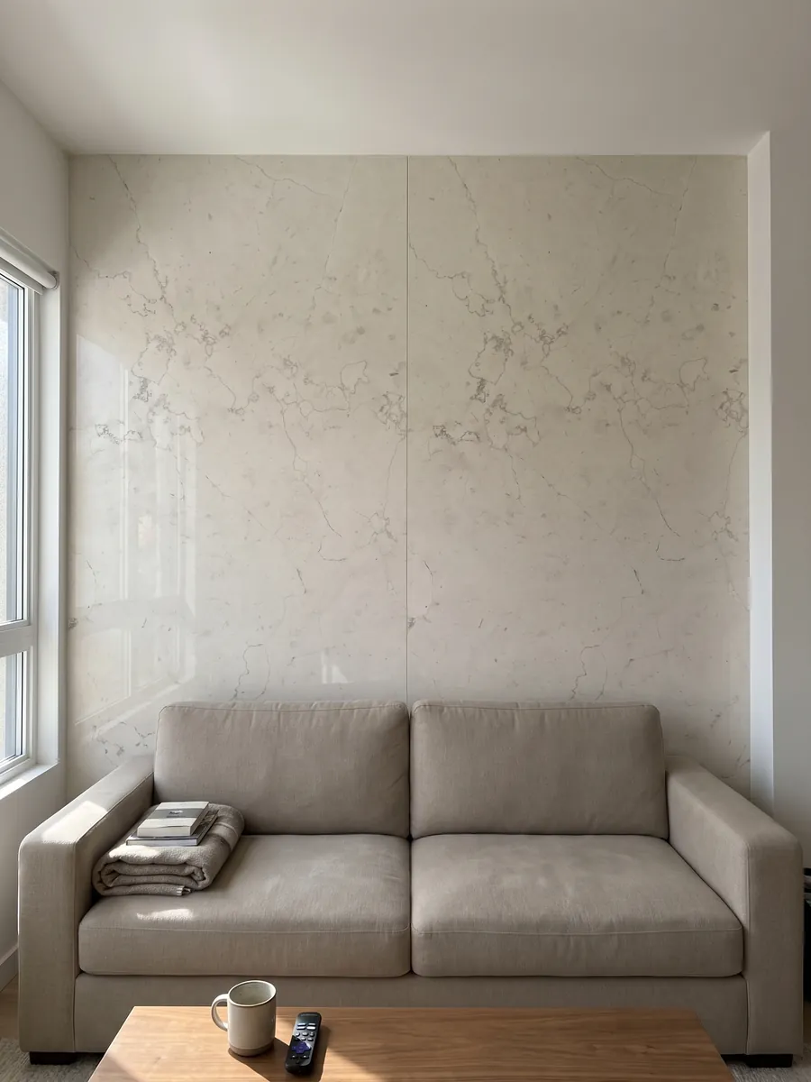 Living room wall clad with bookmatched Bianco Perlino marble slabs behind a sofa: smooth ivory with scattered very fine thread-like gray veins