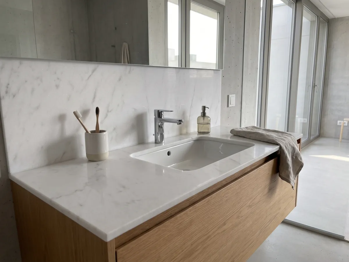 Vanity top and bathroom wall in Blanco Polar marble with a white sink and chrome faucets: luminous white with fine gray veining