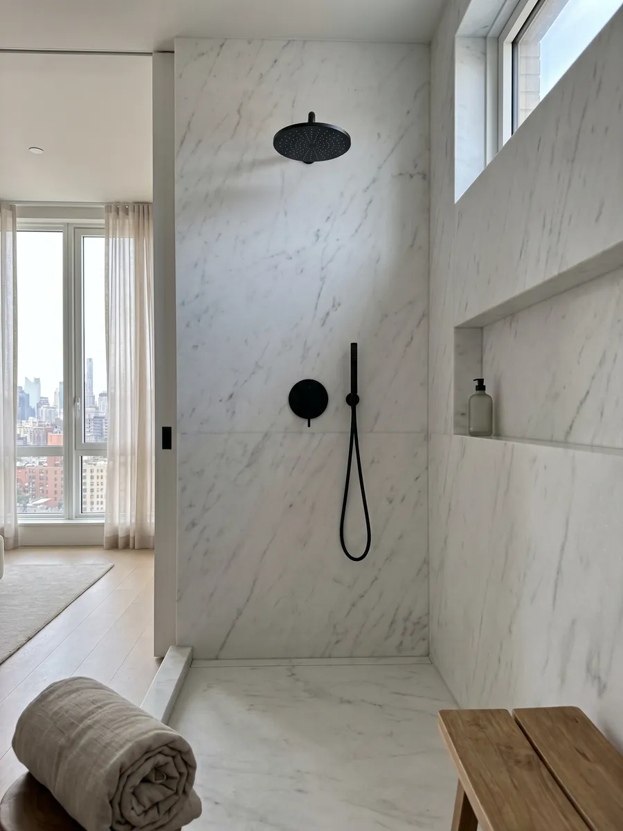 Shower clad in full Blanco Polar marble slabs with a recessed niche: luminous white with fine gray veining