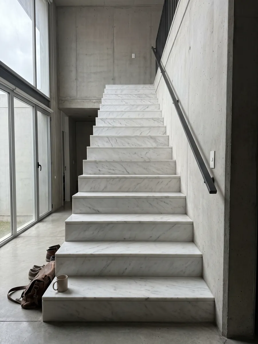 Interior staircase with Blanco Polar marble steps and a handrail: luminous white with fine gray veining