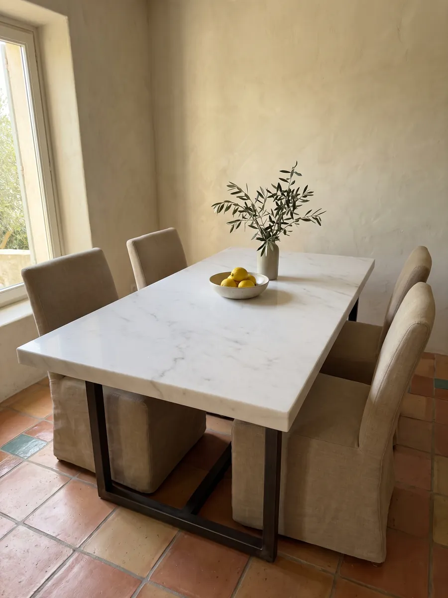 Dining table with a Blanco Polar marble top on a steel base: luminous white with fine gray veining