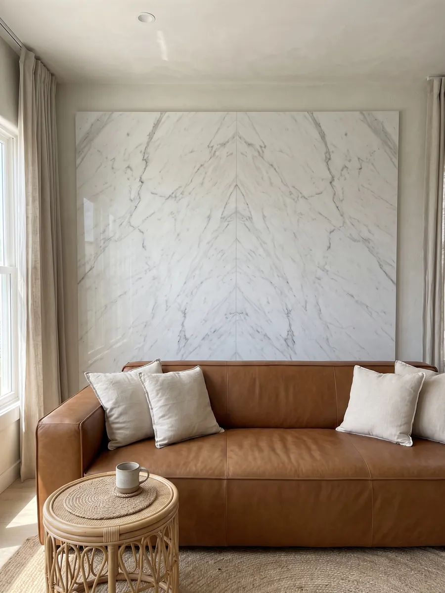 Living room wall clad in bookmatched Blanco Polar marble slabs behind a sofa: luminous white with fine gray veining