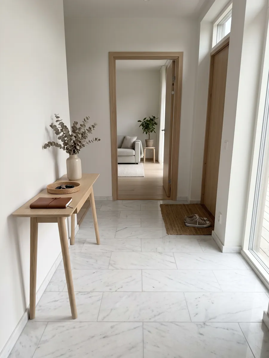 Entryway floor in large Blanco Polar marble slabs with natural light: luminous white with fine gray veining