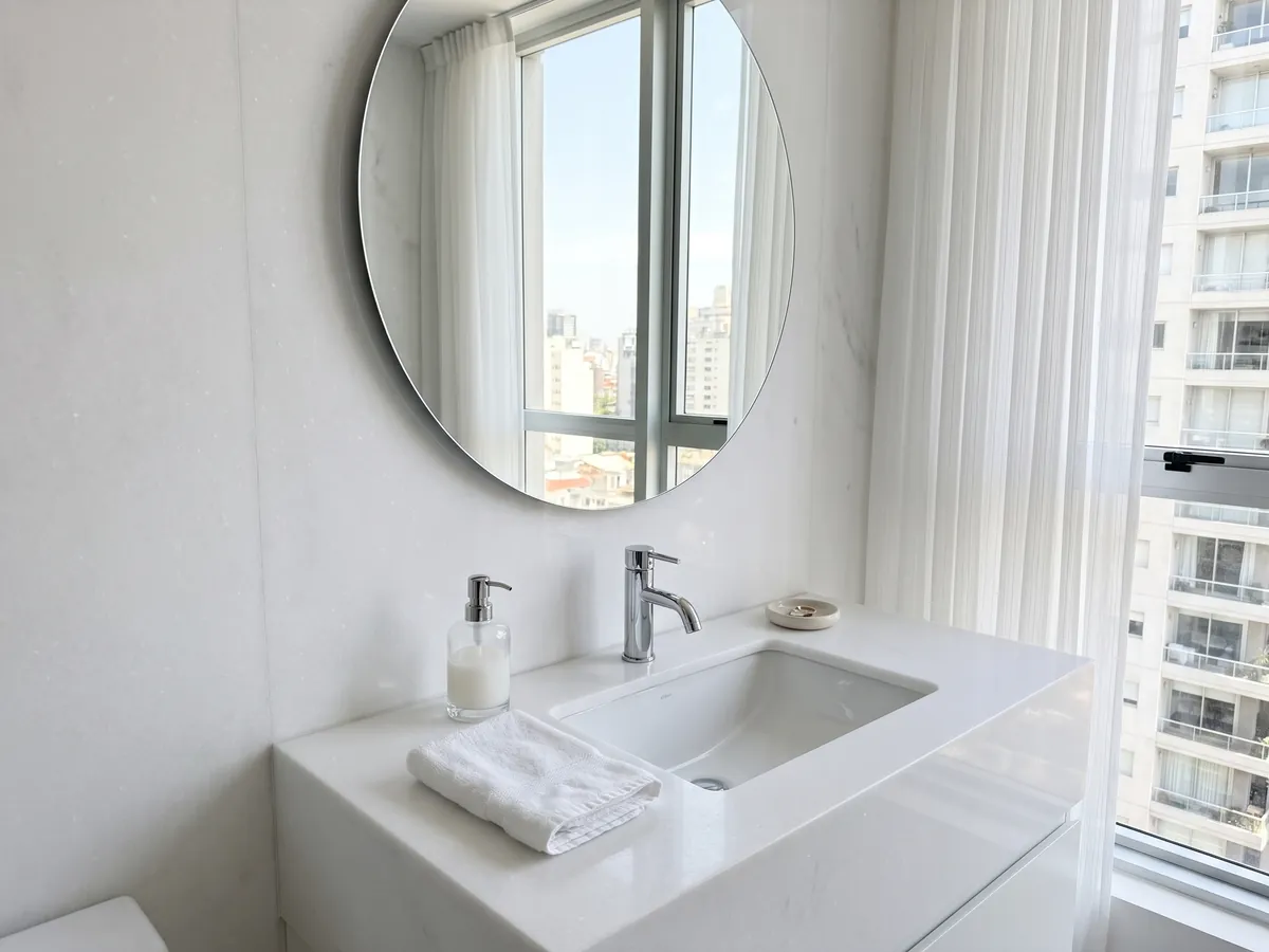 Vanity top and bathroom wall in Pure White marble with a white sink and chrome fixtures: an even pure white with no veins or visible stains