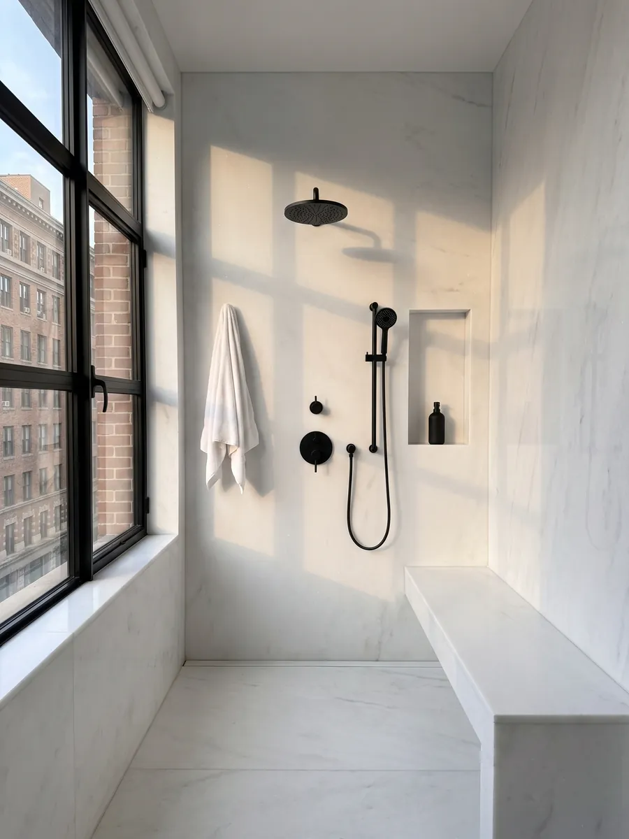 Shower lined with full slabs of Pure White marble and a recessed niche: uniform pure white, no visible veins or stains