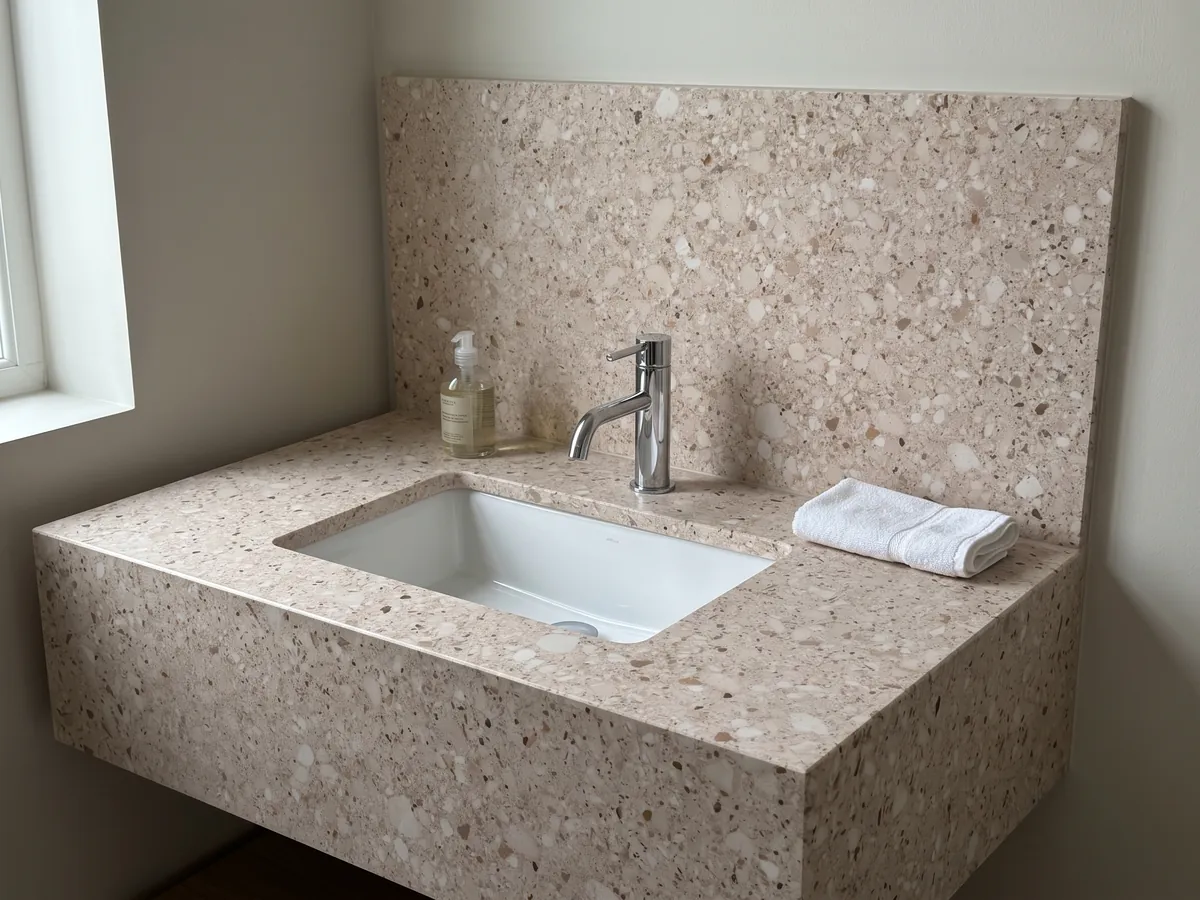 Vanity top and bathroom wall in Bianco Romano marble with a white sink and chrome faucets: pinkish beige speckled with small rounded white and brown clasts