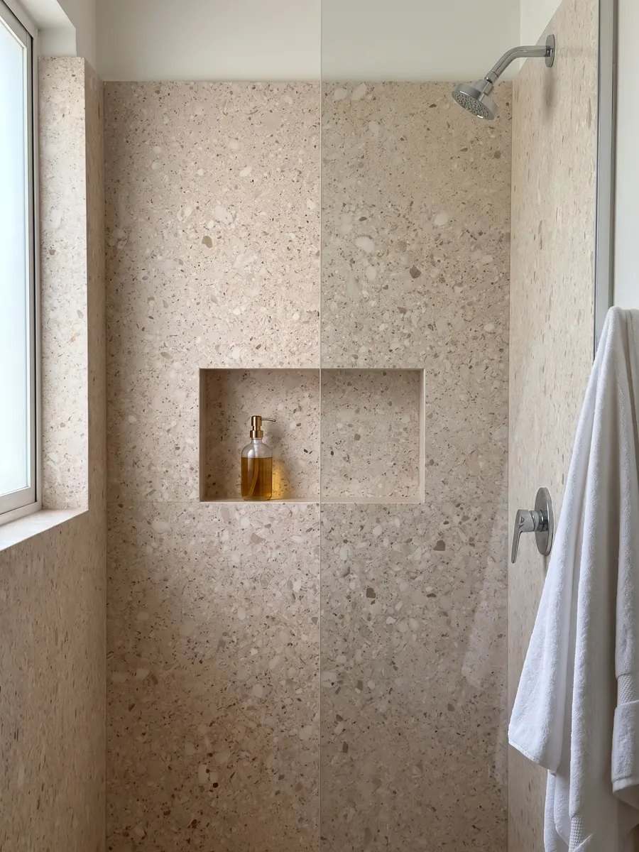 Shower clad in full Bianco Romano marble slabs with a recessed niche: pinkish beige speckled with small rounded white and brown clasts