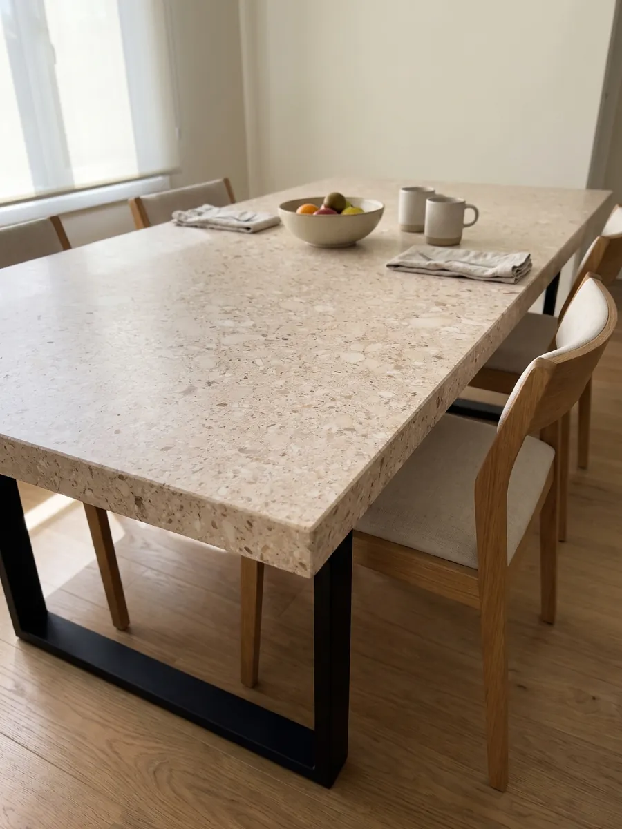 Dining table with a Bianco Romano marble top on a steel base: pinkish beige speckled with small rounded white and brown clasts
