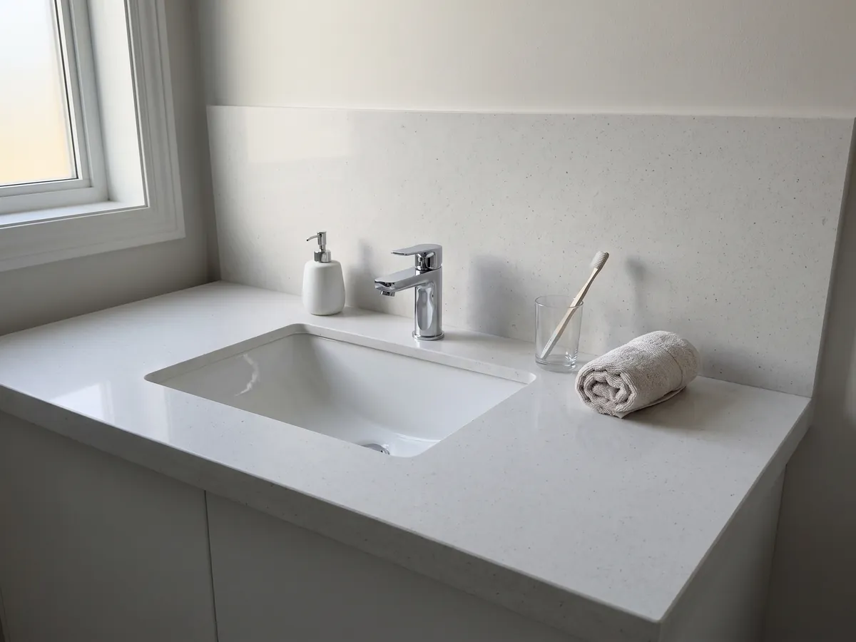 Vanity top and bathroom wall in Bianco Siberia marble with a white sink and chrome faucets: plain grayish white with small scattered dark dots