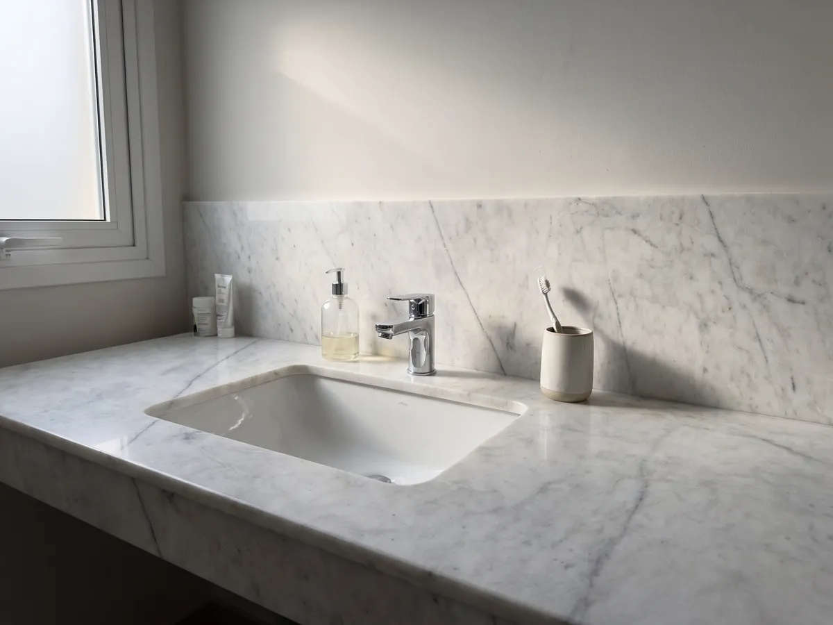 Vanity top and bathroom wall in Silver Glace white marble with a white sink and chrome faucets: clean white with a few fine gray veins running diagonally