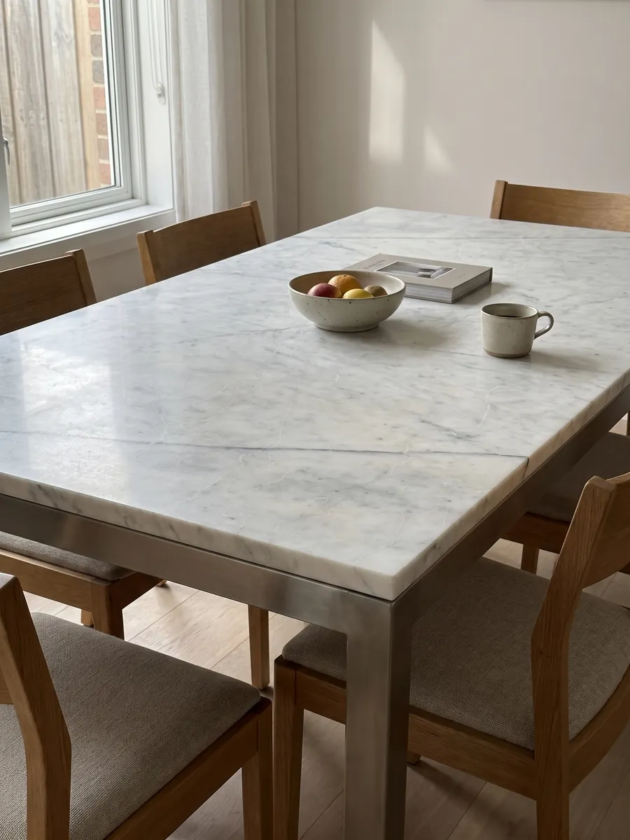 Dining table with a Silver Glace white marble top on a steel base: clean white with a few fine gray veins running diagonally