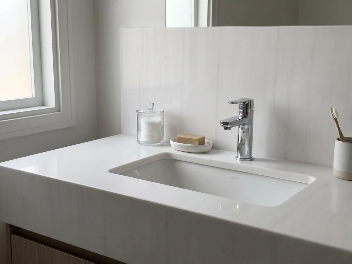 Vanity top and bathroom wall in Bianco Sivec marble with a white sink and chrome fixtures: a very pure, even white with practically no pattern