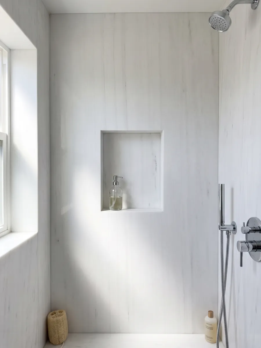 Shower clad in full Bianco Sivec marble slabs with a recessed niche: a very pure, even white with practically no pattern