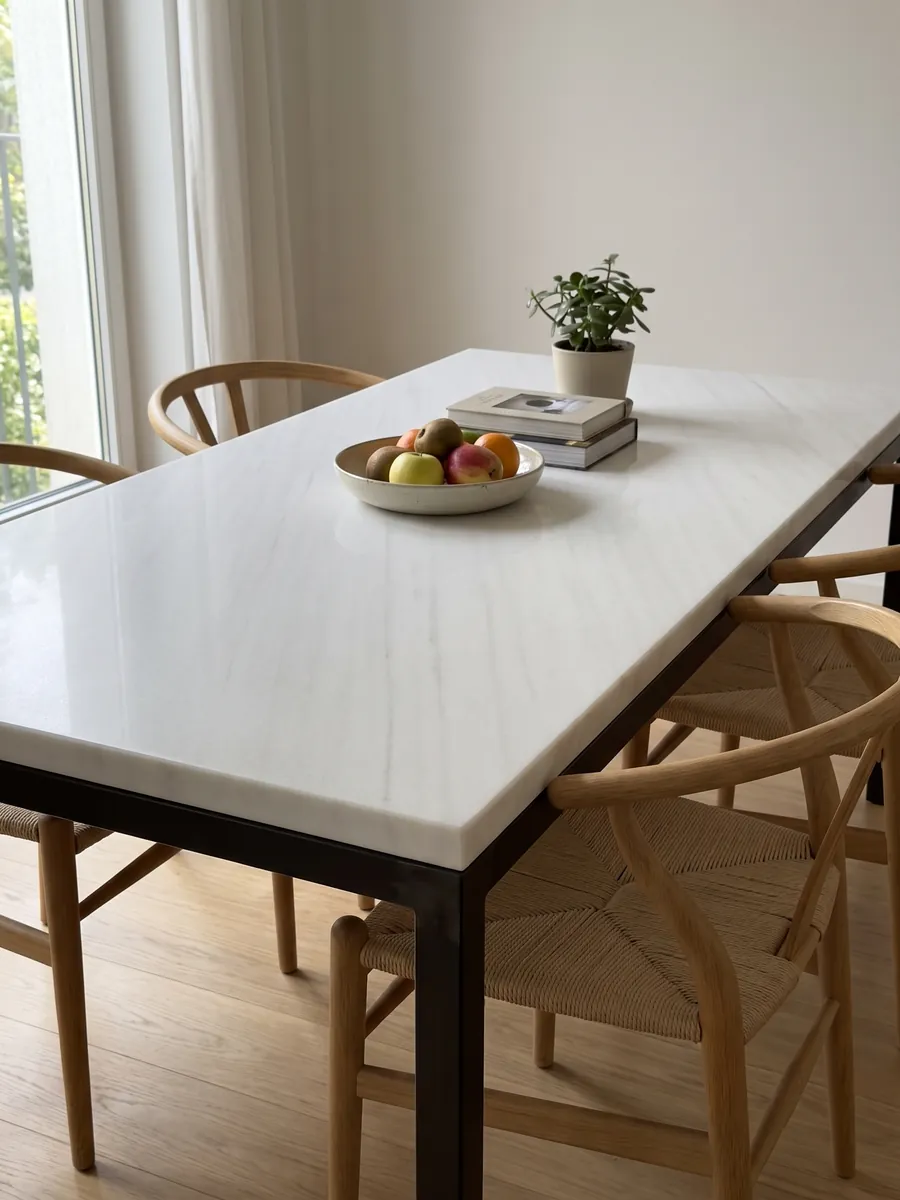 Dining table with a Bianco Sivec marble top on a steel base: a very pure, even white with practically no pattern