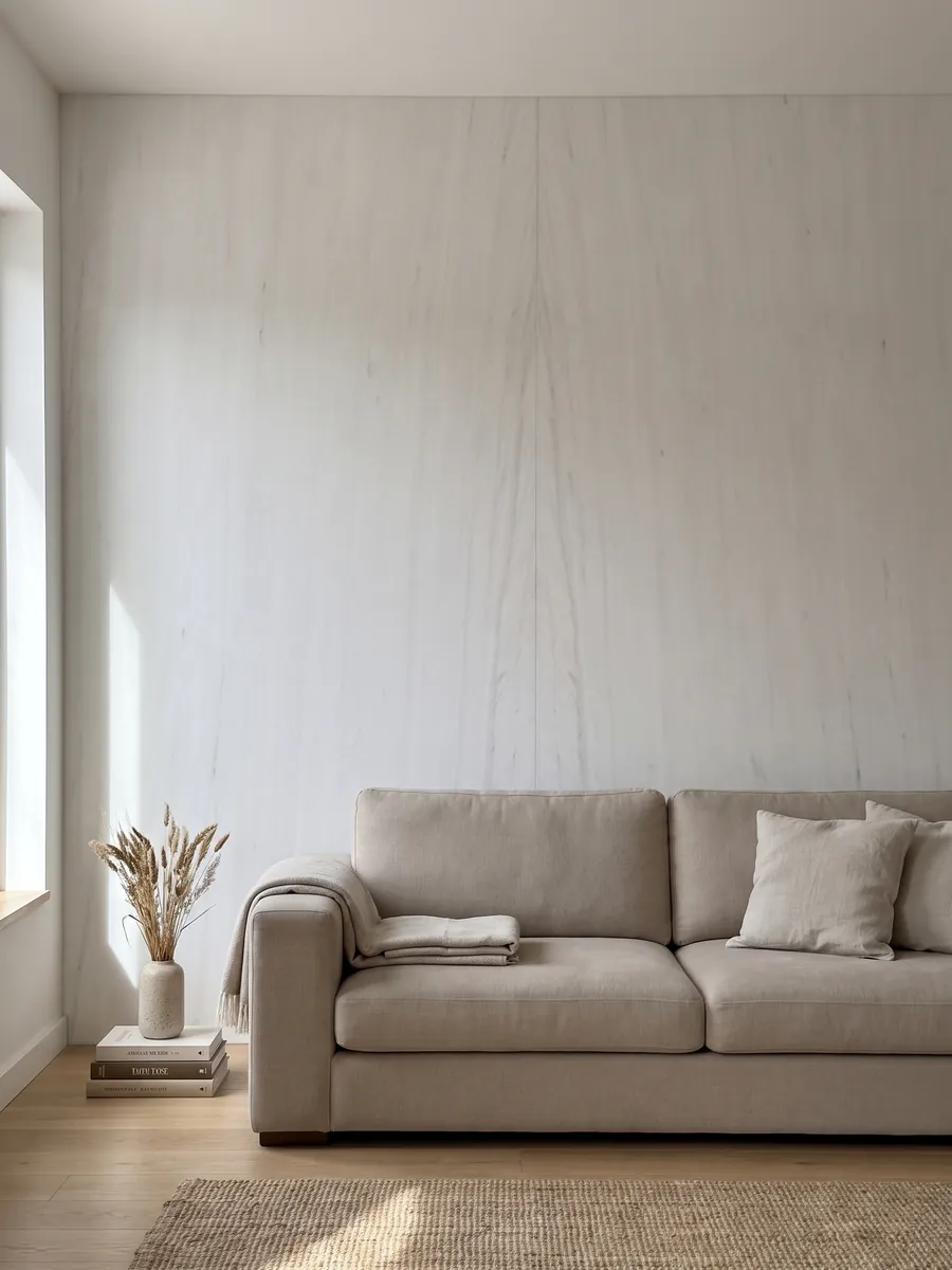 Living room wall clad in bookmatched Bianco Sivec marble slabs behind a sofa: a very pure, even white with practically no pattern