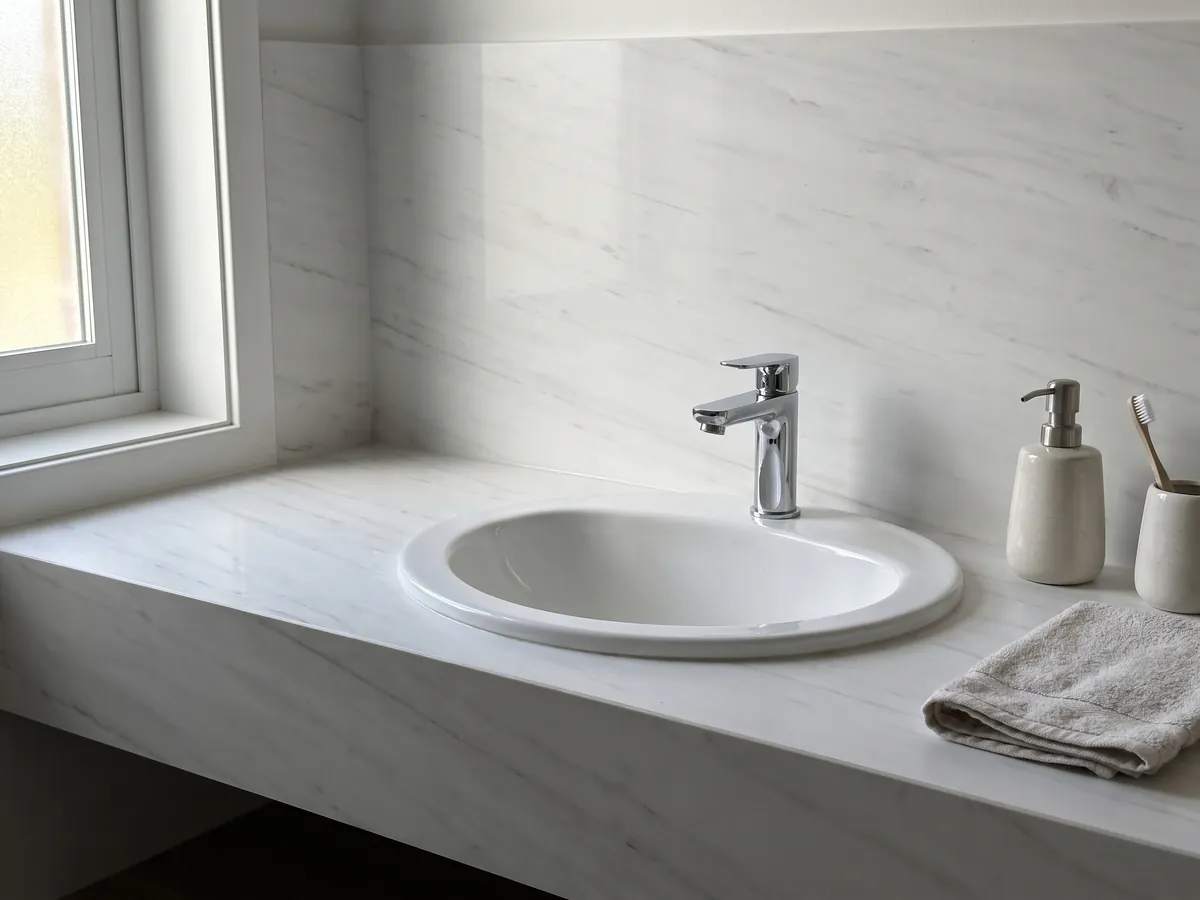 Vanity top and bathroom wall in Snow White marble with a white sink and chrome faucets: a very clean white with barely visible gray traces running diagonally