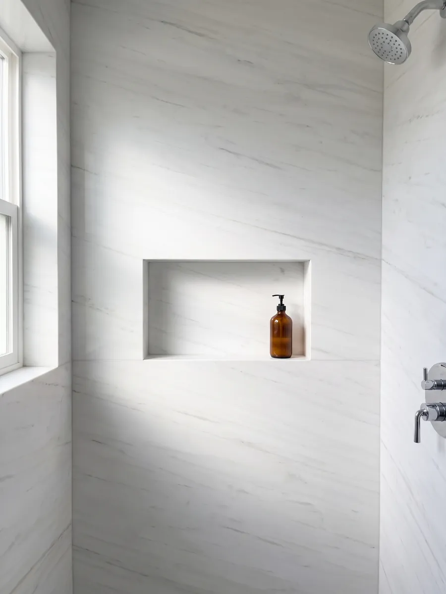 Shower clad in full slabs of Snow White marble with a recessed niche: a very clean white with barely visible gray traces running diagonally