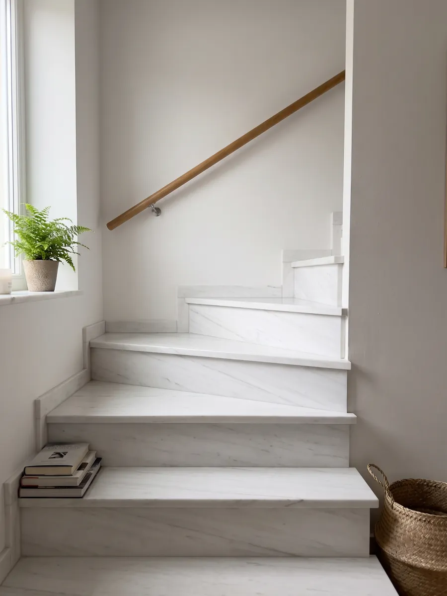 Interior staircase with Snow White marble steps and a handrail: a very clean white with barely visible gray traces running diagonally