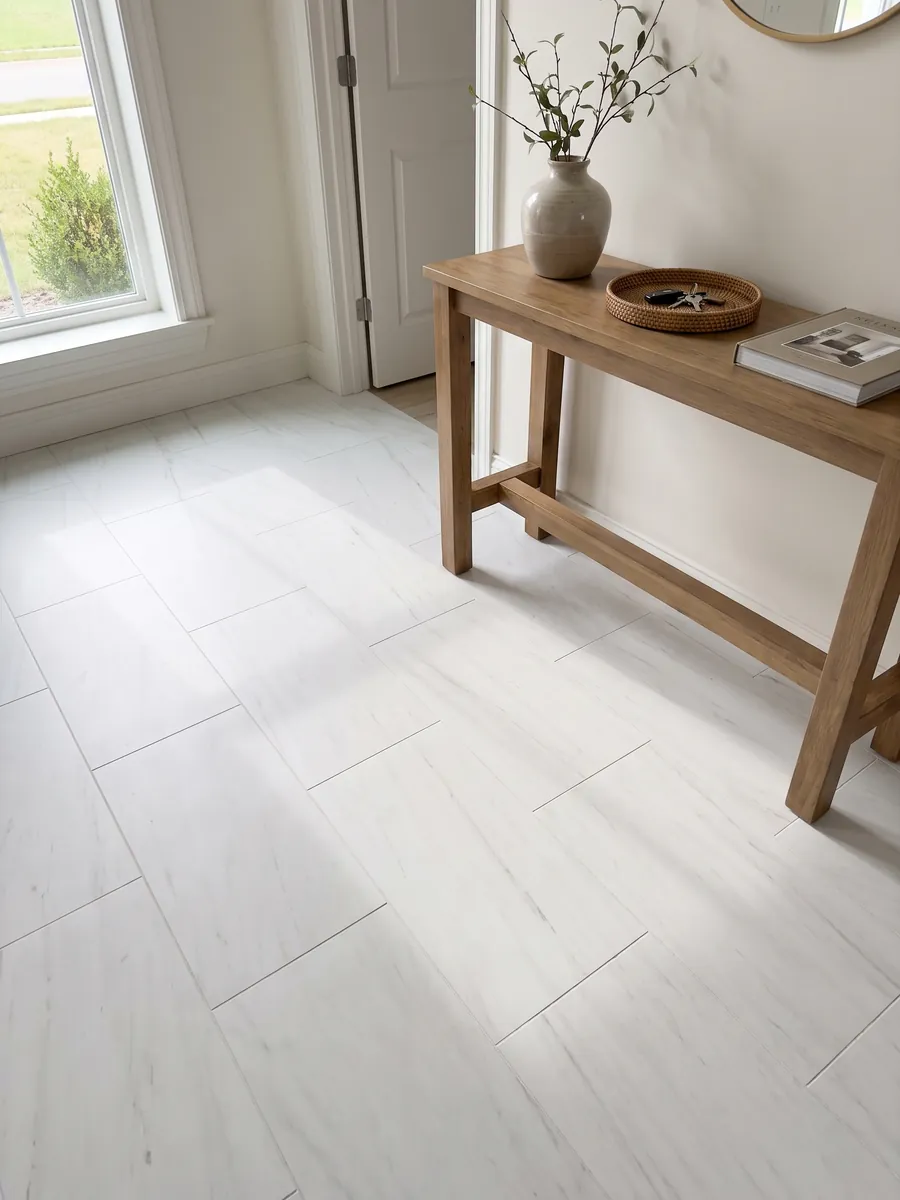 Entryway floor in large slabs of Snow White marble with natural light: a very clean white with barely visible gray traces running diagonally