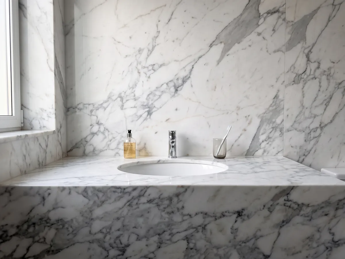 Vanity top and bathroom wall in Bianco Statuarietto marble with a white sink and chrome fixtures: a white with a net of gray veins around fragments, concentrated in the lower part