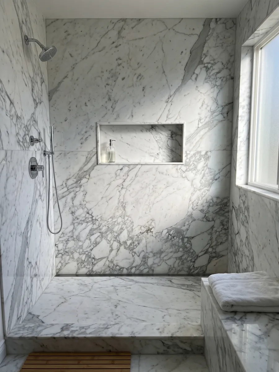 Shower clad in full Bianco Statuarietto marble slabs with a recessed niche: a white with a net of gray veins around fragments, concentrated in the lower part