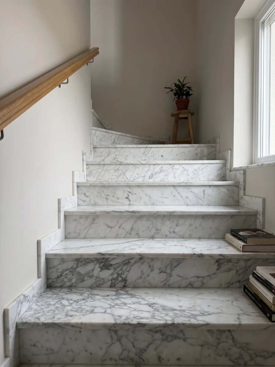Interior staircase with Bianco Statuarietto marble steps and a handrail: a white with a net of gray veins around fragments, concentrated in the lower part