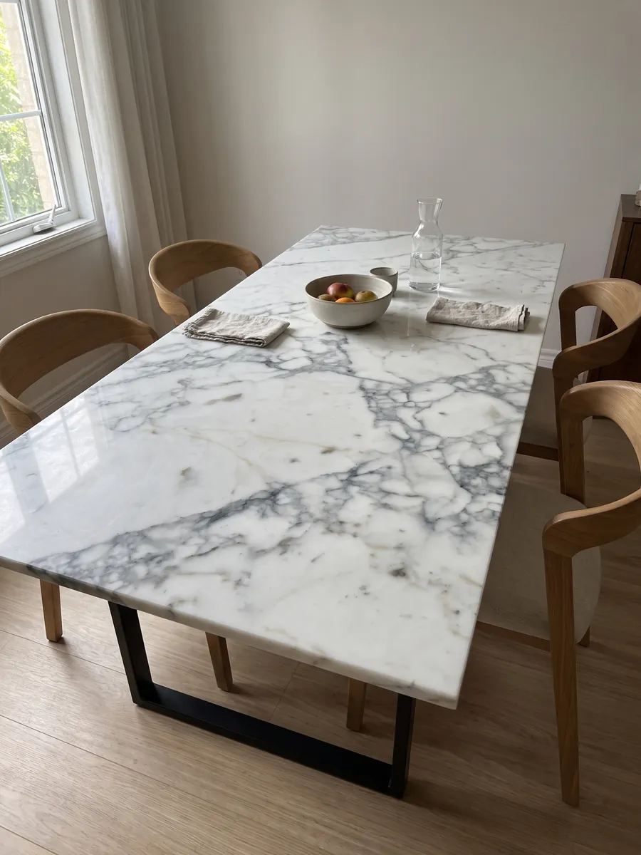 Dining table with a Bianco Statuarietto marble top on a steel base: a white with a net of gray veins around fragments, concentrated in the lower part