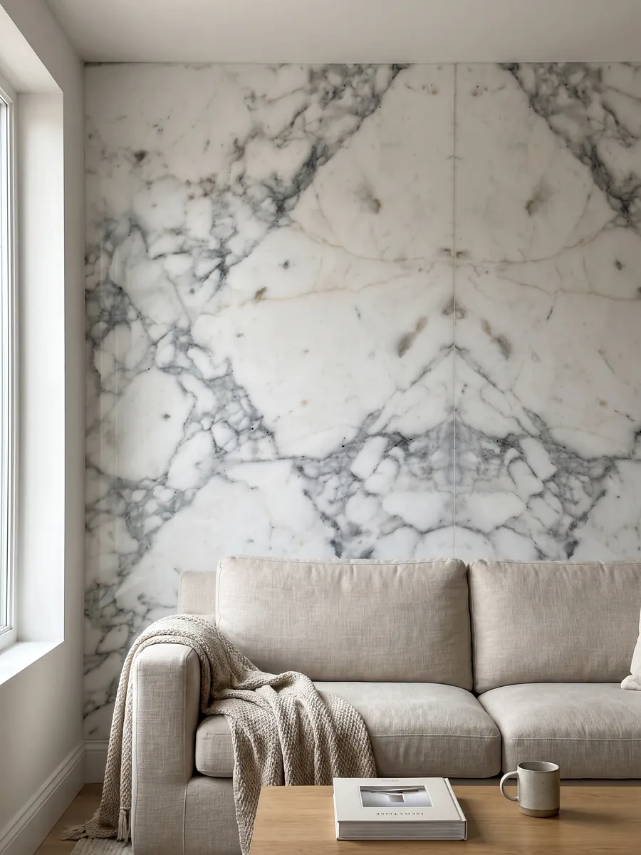 Living room wall clad in bookmatched Bianco Statuarietto marble slabs behind a sofa: a white with a net of gray veins around fragments, concentrated in the lower part