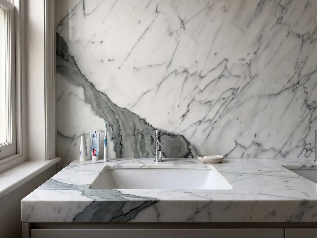 Vanity top and bathroom wall in white Statuario marble with a white sink and chrome faucets: a wide gray-green vein crosses a white stone with fine veins in diagonal