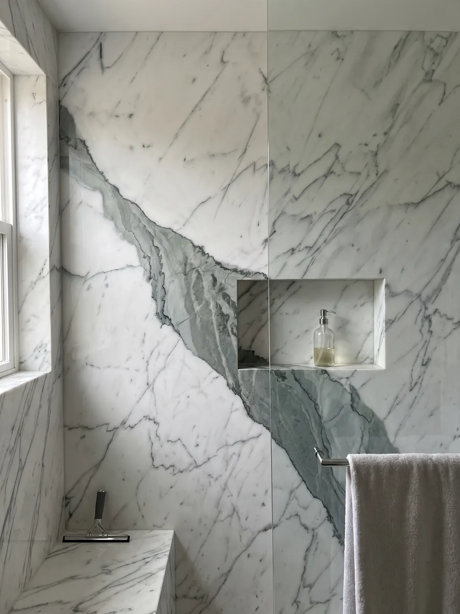 Shower clad in full slabs of white Statuario marble with a recessed niche: a wide gray-green vein crosses a white stone with fine veins in diagonal