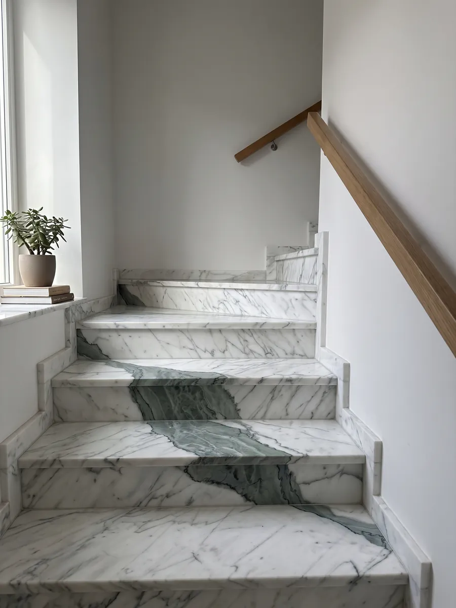 Interior staircase with white Statuario marble steps and a handrail: a wide gray-green vein crosses a white stone with fine veins in diagonal
