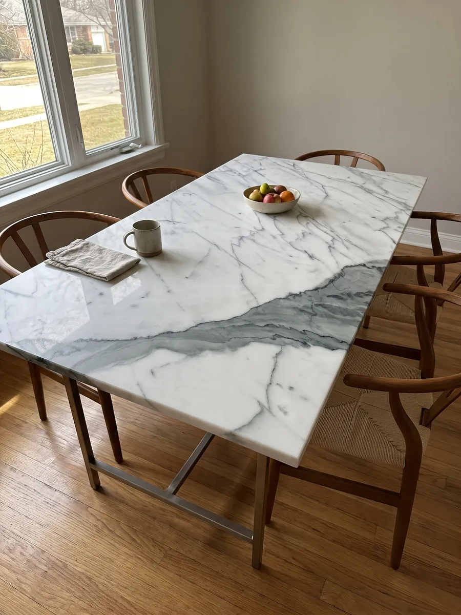 Dining table with a white Statuario marble top on a steel base: a wide gray-green vein crosses a white stone with fine veins in diagonal