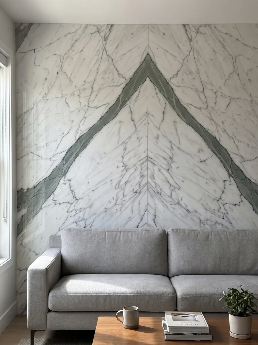 Living room wall clad in bookmatched slabs of white Statuario marble behind a sofa: a wide gray-green vein crosses a white stone with fine veins in diagonal