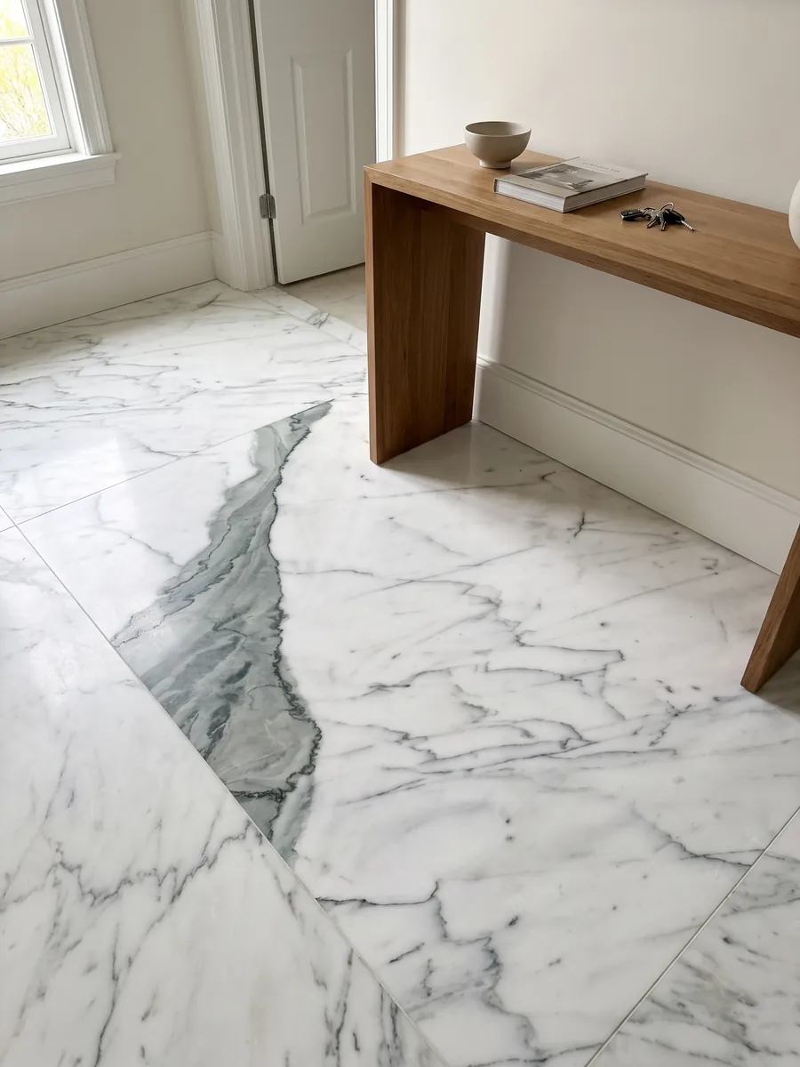 Entryway floor in large slabs of white Statuario marble with natural light: a wide gray-green vein crosses a white stone with fine veins in diagonal