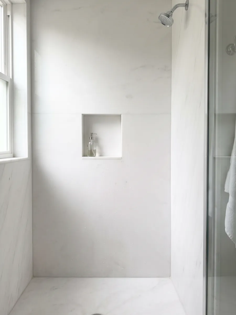 Shower clad in full slabs of white Thassos marble with a recessed niche: uniform pure white with no visible pattern