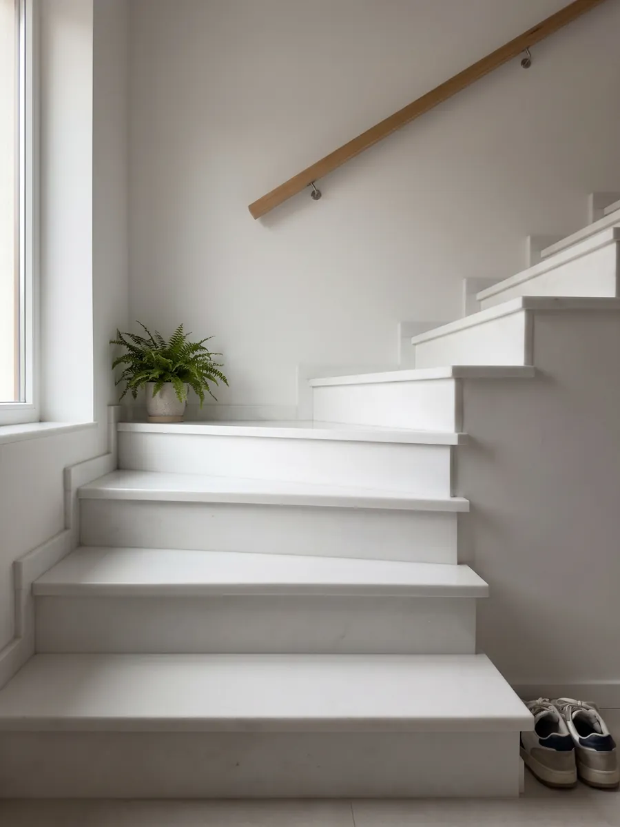 Interior staircase with white Thassos marble treads and a handrail: uniform pure white with no visible pattern
