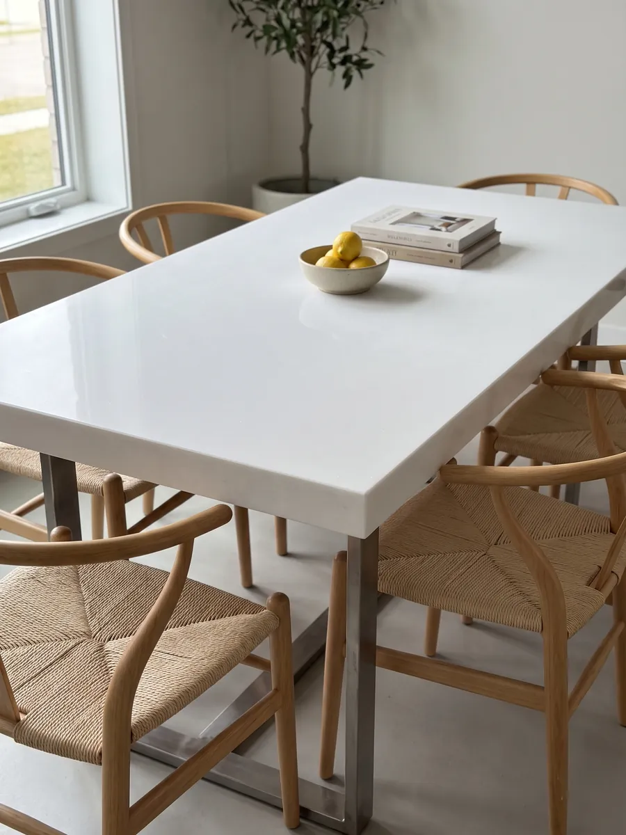 Dining table with a white Thassos marble top on a steel base: uniform pure white with no visible pattern