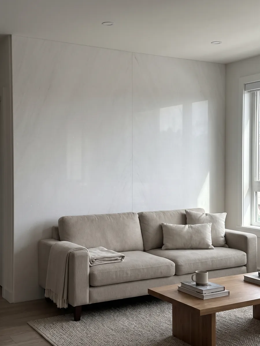 Living room wall clad in bookmatched slabs of white Thassos marble behind a sofa: uniform pure white with no visible pattern