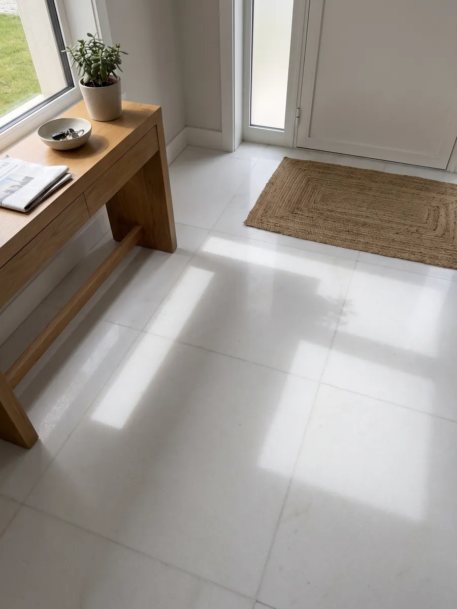 Entryway floor in large slabs of white Thassos marble with natural light: uniform pure white with no visible pattern