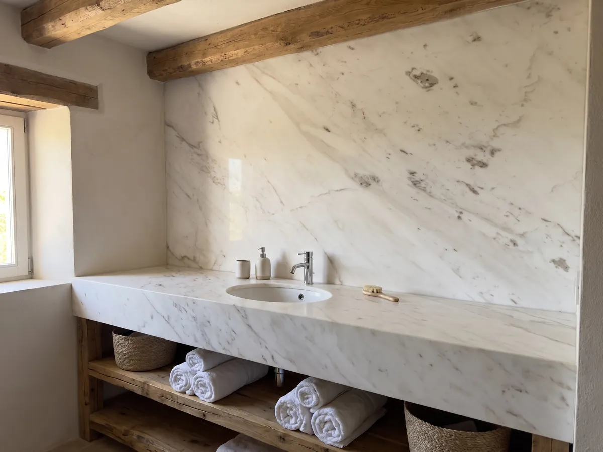 Vanity top and bathroom wall in white Venus marble with a white sink and chrome fixtures: a warm white with faint gray veins on the diagonal and small isolated beige patches