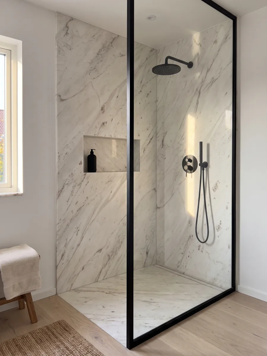 Shower clad in full slabs of white Venus marble with a recessed niche: a warm white with faint gray veins on the diagonal and small isolated beige patches