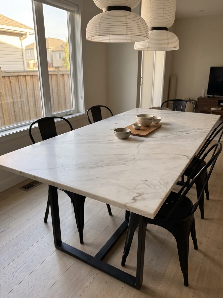 Dining table with a white Venus marble top on a steel base: a warm white with faint gray veins on the diagonal and small isolated beige patches